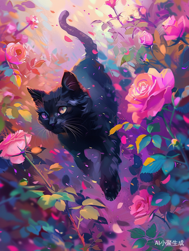 迷人的黑猫穿过玫瑰，用大刷触的粉紫色哈丽特李·梅里昂的数字绘画风格，配有色彩丰富、极简背景和小叶子。一幅抽象油画，可作手机壁纸，折扇视角。
