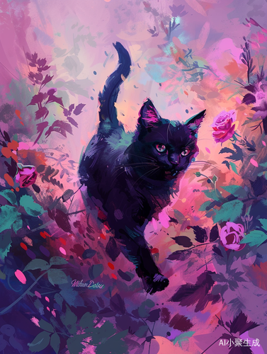 迷人的黑猫穿过玫瑰，用大刷触的粉紫色哈丽特李·梅里昂的数字绘画风格，配有色彩丰富、极简背景和小叶子。一幅抽象油画，可作手机壁纸，折扇视角。