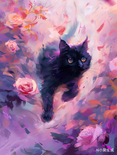 迷人的黑猫穿过玫瑰，用大刷触的粉紫色哈丽特李·梅里昂的数字绘画风格，配有色彩丰富、极简背景和小叶子。一幅抽象油画，可作手机壁纸，折扇视角。