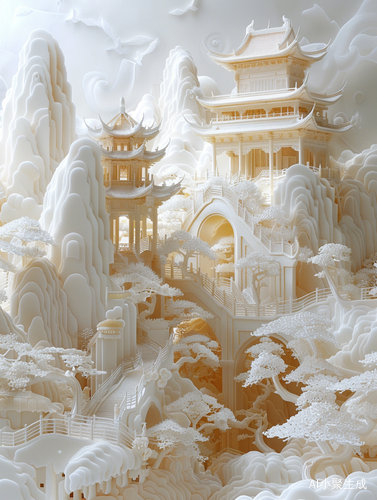 Exploring the Concept of Chinese Palace with White and Gold in Intricate Psychedelic Landscapes