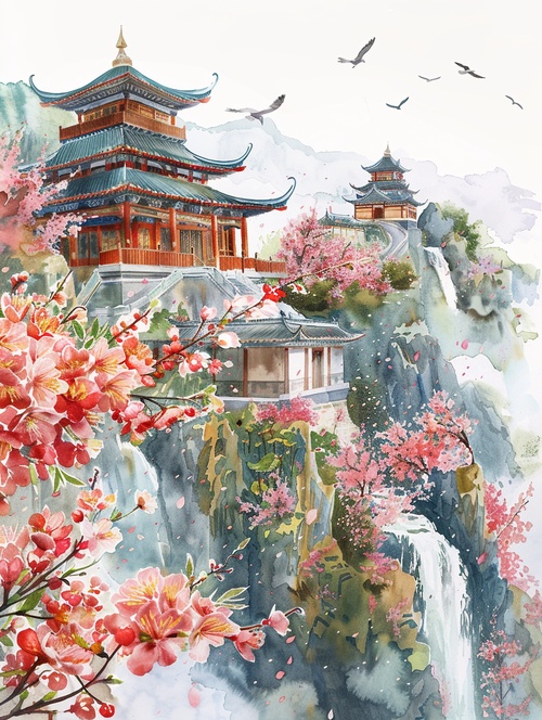 Watercolor painting of ancient Chinese architecture, temple waterfall, realistic fantasy art style, anti-gravity architectural style, majestic, ultra-detailed rendering of mountain scenery, high detail, high definition, illustration, white background, extreme close-up perspective, birds flying in the sky,There are many, many buildings, including palaces, with super high details. In spring, there are peach blossoms, apricot blossoms, and spring flowers. ar 3:4 niji 5#AI插画