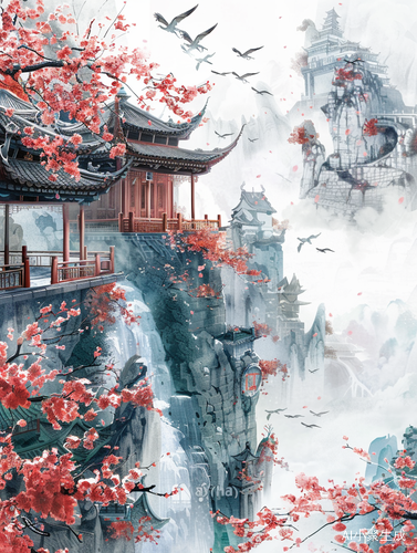 Watercolor painting of ancient Chinese architecture