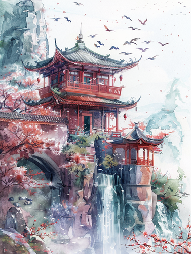 Watercolor painting of ancient Chinese architecture
