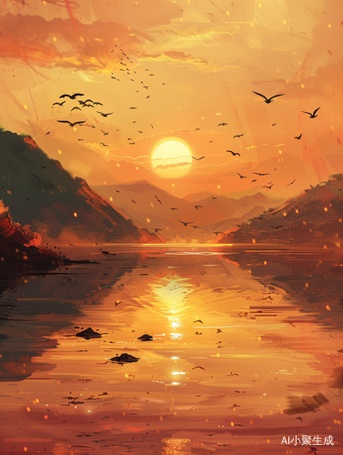 James Gilleard-inspired Hyper-Detailed Sunset Lake Illustration