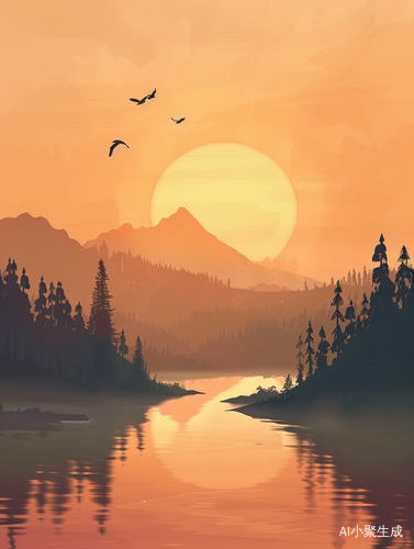 James Gilleard-inspired Hyper-Detailed Sunset Lake Illustration