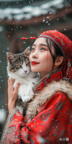 美女与猫咪的合照