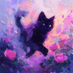 A cute black cat running through roses, with pink and purple pastel colors in the style of Harriet LeeMerrion's digital painting style with large brush strokes and a colorful, minimalistic background with small leaves. An abstract oil painting, a cute wallpaper for a phone screen with a flat perspective. ar 21:40 v 6.0#画画的日常 #midjourney咒语 #Midjourney咒语 #midjourney #midjourney学习 #midjourney关键词 #mj #mj咒语 #mj关键词 #小红署 #艺术署