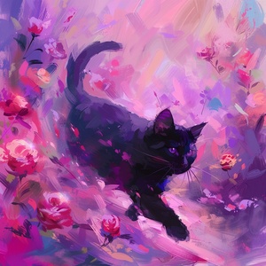 A cute black cat running through roses, with pink and purple pastel colors in the style of Harriet LeeMerrion's digital painting style with large brush strokes and a colorful, minimalistic background with small leaves. An abstract oil painting, a cute wallpaper for a phone screen with a flat perspective. ar 21:40 v 6.0#画画的日常 #midjourney咒语 #Midjourney咒语 #midjourney #midjourney学习 #midjourney关键词 #mj #mj咒语 #mj关键词 #小红署 #艺术署