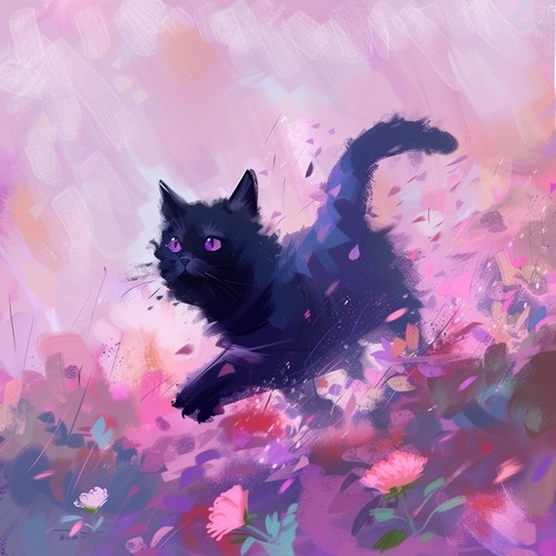 A cute black cat running through roses, with pink and purple pastel colors in the style of Harriet LeeMerrion's digital painting style with large brush strokes and a colorful, minimalistic background with small leaves. An abstract oil painting, a cute wallpaper for a phone screen with a flat perspective. ar 21:40 v 6.0#画画的日常 #midjourney咒语 #Midjourney咒语 #midjourney #midjourney学习 #midjourney关键词 #mj #mj咒语 #mj关键词 #小红署 #艺术署