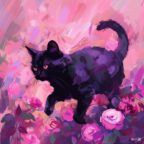 A Cute Black Cat Running Through Roses