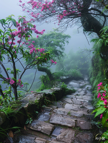 远处紫荆花：春雨过后的潮湿石梯