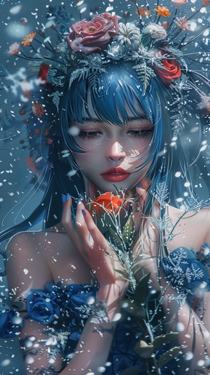 Blue hair girl holding, a bunch of flowers, flowers to be very gorgeous, the background is snowflakes flying, complex details, extreme details, high quality, master works, high degree of completion, colorful, exquisite CG, beautiful, best, chiaroscuro, clear facial features