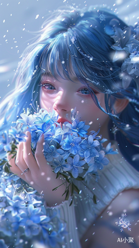 Exquisite CG: Blue Hair Girl in Snowflakes Background