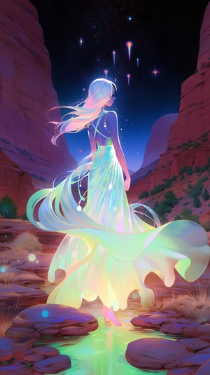 the planet Pluto rotating around an ethereal space goddess standing in a Sedona mountain valley, translucent liquid ribbons swirling around, dramatic lighting, pastel neon colors, dreamy aesthetic, pop surrealism, science fiction painting, shoujo comic manga, neon glow, Martine Johanna, Sarah Joncas, Alphonse Mucha, Natalia Dias, aurora borealis ar 9:16 v 5