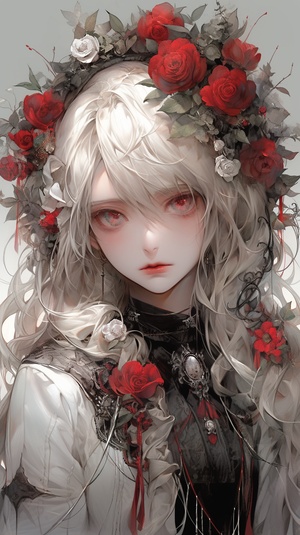 a girl with long white hair and flowers, in the style visual kei of extremely detailed art, gloomy, akihiko yoshida, high resolution, mythical portraiture ar 9:16 v 5 s 1000 v 5