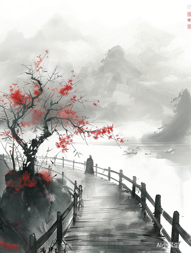 国风江南风景与Sumi-e的画风结合的水墨画