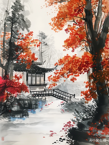 国风江南风景与Sumi-e的画风结合的水墨画