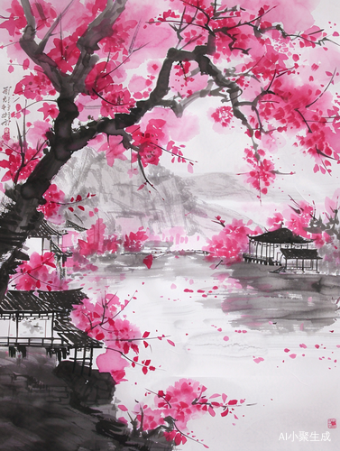 国风江南风景与Sumi-e的画风结合的水墨画
