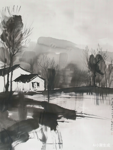 国风江南风景与Sumi-e的画风结合的水墨画