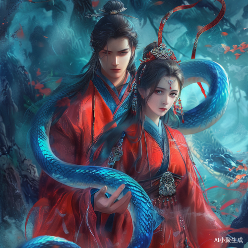 青蛇环绕美男美女，红汉服深情对视
