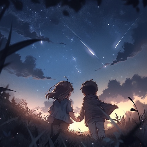 A boy and a girl stood under the starry sky，back，shining stars， meteors， summer nights， flowers， fireflies， dreams，bright， fairytale atmosphere， soft light，Perfect composition，distant view,