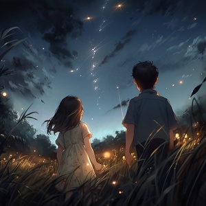 A boy and a girl stood under the starry sky，back，shining stars， meteors， summer nights， flowers， fireflies， dreams，bright， fairytale atmosphere， soft light，Perfect composition，distant view,