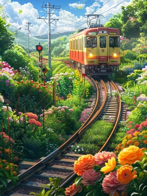 Cartoon metro on the tracks,surrounded by flowers,on top green grass,dreamlike visuals,softsculptures,bright colors,bold shapes,coastal landscapes,capturing moments,hayao miyazaki style,ar3:4niji6