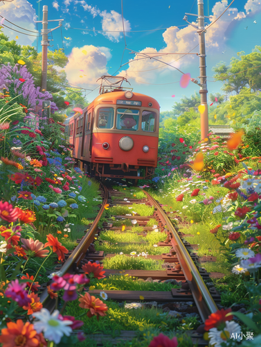 Dreamlike Cartoon Metro Surrounded by Flowers and Green Grass