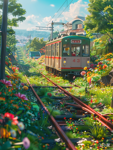 Dreamlike Cartoon Metro Surrounded by Flowers and Green Grass