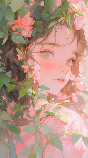 thick acrylic painting on pixiv, anime girl, flower god, bright daylight, flowers, petals, plants, vines, divine light, silhouette portrait, side face, tarot card, pink green, intricate details with pink edges ar 3:4 v 5.1