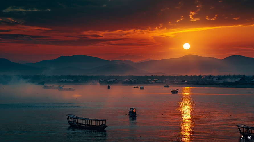 夕阳余晖与金色黄河交汇的中国田园诗