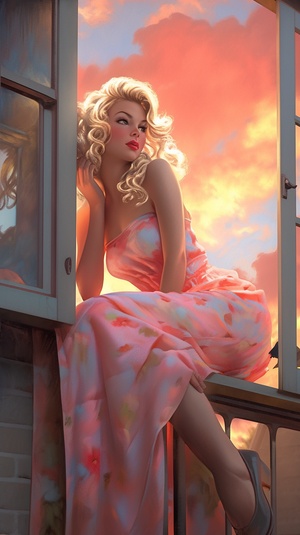 she’s a surreal beauty flirtatiously posing in an open bedroom window for a professional photographer, bathed in the glow of a colorful awe-inspiring sunset, style of old Hollywood glamor pin-ups ar 1:2 chaos 20 q 2 v 5 s 250