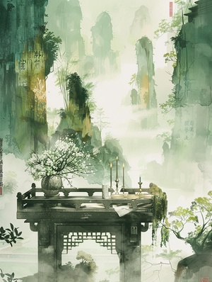 清明节☑️咒语：A poster for the Qingming Festival, created in the traditional ink painting style, artfully incorporates the serene beauty of the early morning with its verdant mountains, clear waters, and gentle mist. At the center of the composition stands an altar adorned with flowers, candlesticks, and incense, while a family member dressed in plain attire silently pays their respects. The altar is adorned with items such as paper money and paper fans, and the surroundings are embellished with traditional plant