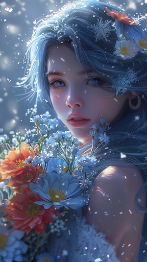 Blue hair girl holding, a bunch of flowers, flowers to be very gorgeous, the background is snowflakes flying, complex details, extreme details, high quality, master works, high degree of completion, colorful, exquisite CG, beautiful, best, chiaroscuro, clear facial features