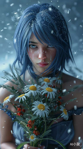 Exquisite CG: Blue-Haired Girl Holding Gorgeous Flowers