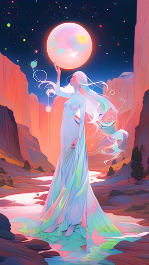 the planet Pluto rotating around an ethereal space goddess standing in a Sedona mountain valley, translucent liquid ribbons swirling around, dramatic lighting, pastel neon colors, dreamy aesthetic, pop surrealism, science fiction painting, shoujo comic manga, neon glow, Martine Johanna, Sarah Joncas, Alphonse Mucha, Natalia Dias, aurora borealis ar 9:16 v 5