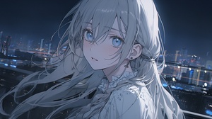 A girl with gray hair, dark blue eyes, white knee-length skirt, messy hair, bangs, long hair, necklace, dress, aloof, pure white skin, city background, perfect lighting, oval face, white moonlight, frontal shot，Roof background，Tears, open your mouth