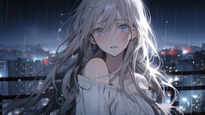 A girl with gray hair, dark blue eyes, white knee-length skirt, messy hair, bangs, long hair, necklace, dress, aloof, pure white skin, city background, perfect lighting, oval face, white moonlight, frontal shot，Roof background，Tears, open your mouth