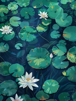 《莲花》咒语：A painting of water lilies and lotus leaves floating on the surface, with vibrant green colors against an indigo blue background. The scene is captured from above, showcasing the lushness of nature in full bloom. This artwork conveys tranquility through the interplay between light and shadow #Ai绘画 #AICG插画 #midjourney学习 #midjourney咒语 #莲花 #插画 #手机壁纸 #midjourney咒语 #ai关键词 ai