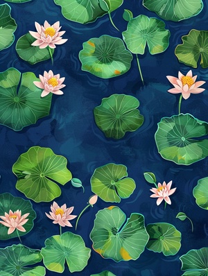 《莲花》咒语：A painting of water lilies and lotus leaves floating on the surface, with vibrant green colors against an indigo blue background. The scene is captured from above, showcasing the lushness of nature in full bloom. This artwork conveys tranquility through the interplay between light and shadow #Ai绘画 #AICG插画 #midjourney学习 #midjourney咒语 #莲花 #插画 #手机壁纸 #midjourney咒语 #ai关键词 ai