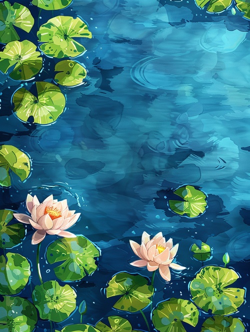 《莲花》咒语：A painting of water lilies and lotus leaves floating on the surface, with vibrant green colors against an indigo blue background. The scene is captured from above, showcasing the lushness of nature in full bloom. This artwork conveys tranquility through the interplay between light and shadow #Ai绘画 #AICG插画 #midjourney学习 #midjourney咒语 #莲花 #插画 #手机壁纸 #midjourney咒语 #ai关键词 ai