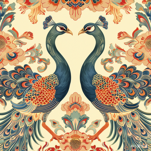 唐代丝绸纹样与孔雀的数码插图