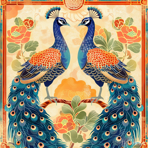 唐代丝绸纹样与孔雀的数码插图