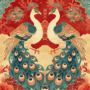 🖌️关键咒语：A silk pattern,patterns from China's Tang Dynasty, a pair of peacocks with silk patterns in their beaks, Tang Tri-colored, digital illustration.📖中文参考：一种丝绸纹样，中国唐代纹样，一对孔雀口衔绸带纹样，唐三彩配色，数码插图。#midjourney#midjourney关键词 #Ai绘画 #AI绘画有点东西 #春晚 #龙年 #孔雀