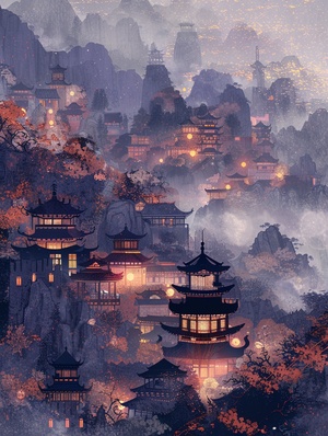 魔域世界咒语：Chinese village at the red pagoda by sarah, in the style of yoann lossel, gold and violet, magic night, josan gonzalez, mountainous vistas, contemporary chinese art, neo - classical symmetry, cliff chiang, Minimalism ,X-ray mode ar 3:4 v 5.2#手机壁纸 #AIGC插画 #midjourney #游戏世界 #midjourney咒语 #画画的日常 #搞的就是艺术