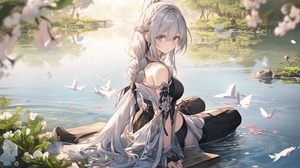 A girl with silver hair, wearing black and white , sitting on the bank of an ancient pond surrounded by flowers in full bloom. She has delicate features and is dressed in the style of Genshin Impact. Anime style, with the highest quality illustrations, delicate lines, fine details, cute cartoon character design, soft colors, soft lighting, watercolor effects, and high resolution. The background is covered with blooming cherry blossoms, creating a dreamy atmosphere. High angle perspective. 32k