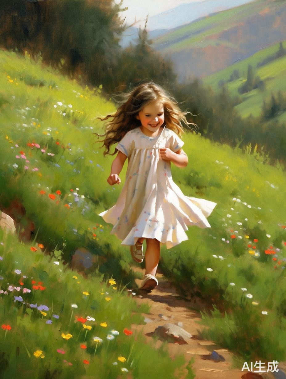 可爱活泼的小女孩走在山间的小路上