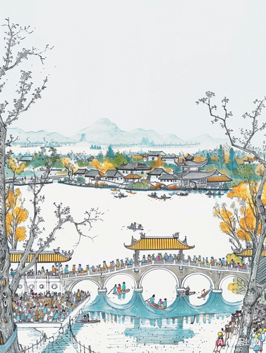 Minimalist Line Drawing Chinese Painting of Slim West Lake and West Lake in Hangzhou