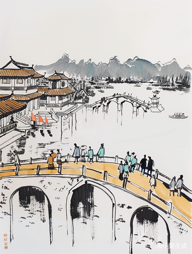 Minimalist Line Drawing Chinese Painting of Slim West Lake and West Lake in Hangzhou