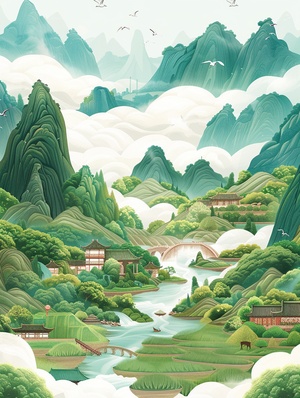 《乡野》咒语Chinese style illustration, white clouds and green mountains, distant villages, river flowing through. The scene includes mature rice fields, small bridges and flowing water, ducks, traditional Chinese wooden house buildings, and river gulls flying in the sky in the distance. This is a vibrant cartoon style illustration on a white background with HD details and a bright color #Ai绘画 #AICG插画 #midjourney学习 #midjourney #插画设计 #绘画